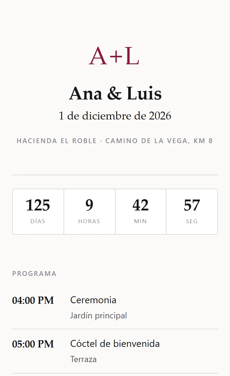 Invitación de la boda de ejemplo, con el monograma, la fecha y la cuenta atrás