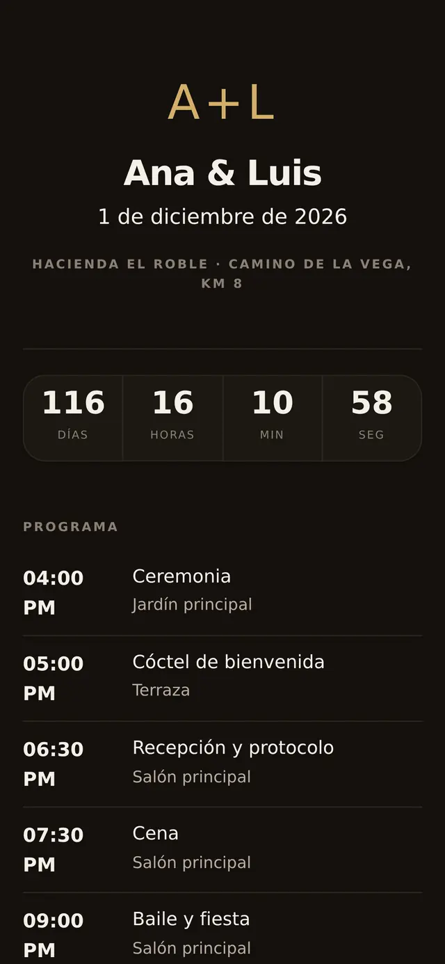 La invitación de la boda de ejemplo en un teléfono, con el monograma, la fecha, la cuenta atrás y el programa