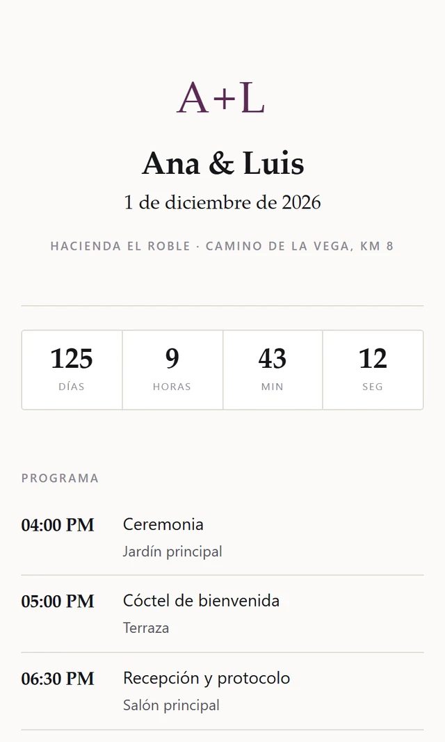 La invitación en ciruela, con tipografía clásica