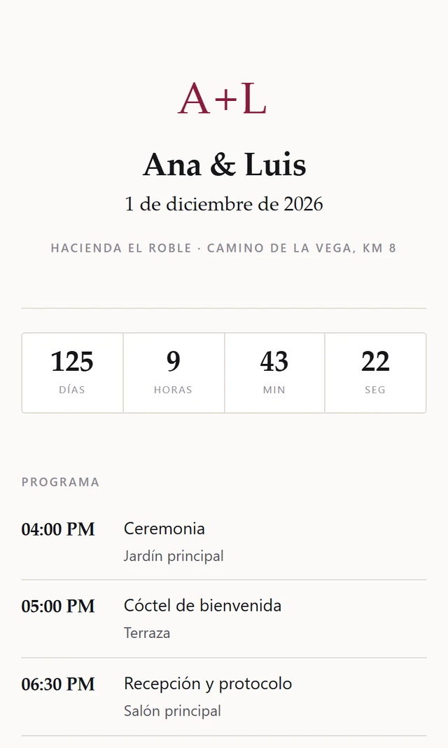 La invitación en granate, con tipografía clásica