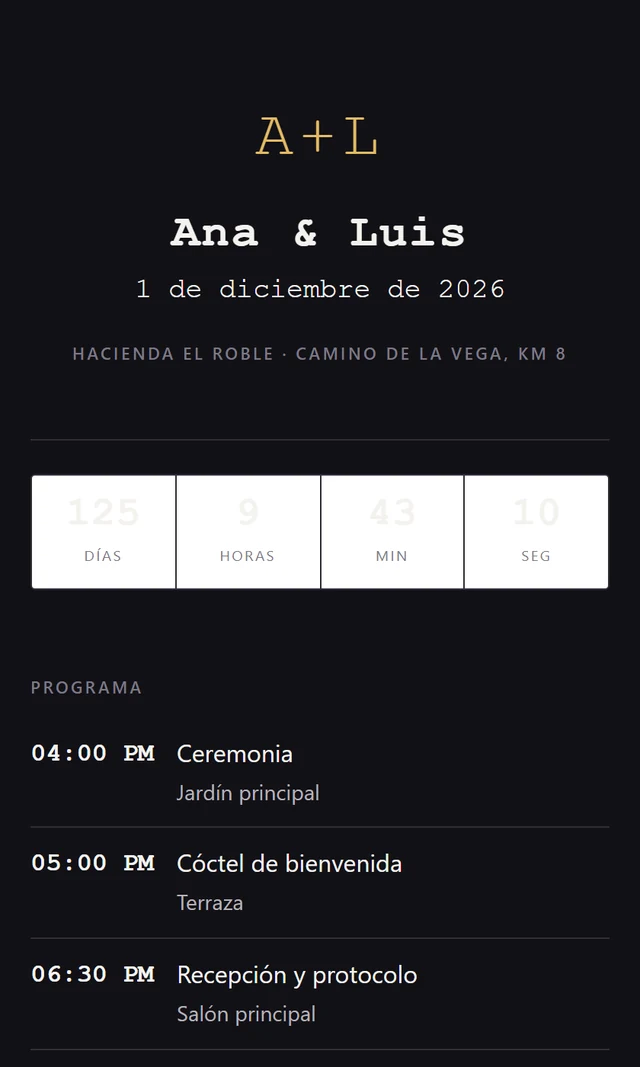 La invitación en oro viejo sobre fondo oscuro, con tipografía de máquina