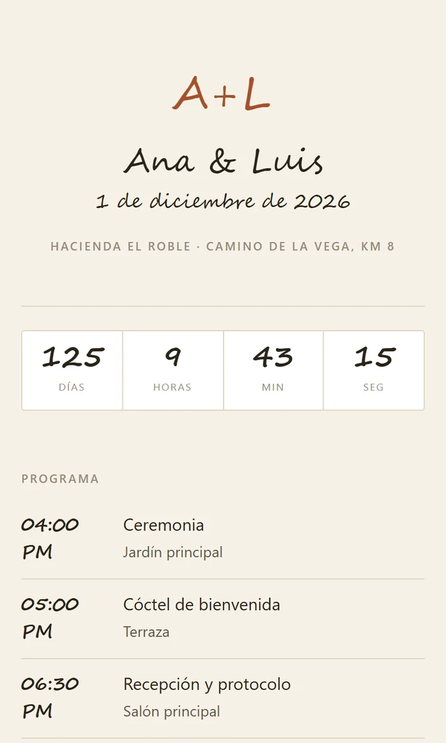 La invitación en terracota sobre crema, con letra manuscrita
