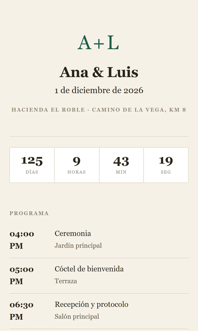La invitación en verde bosque sobre fondo crema, con tipografía sobria